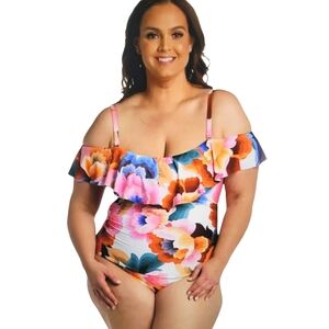 La Blanca Floral Rythm Off-Shoulder 1 Piece Swimsuit Size 22W